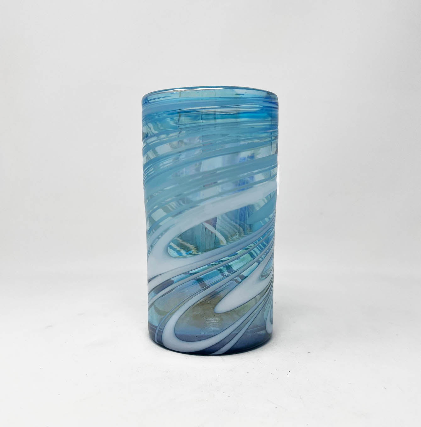 Hand Blown Water Glass - Turquoise/White Swirl Iridescent
