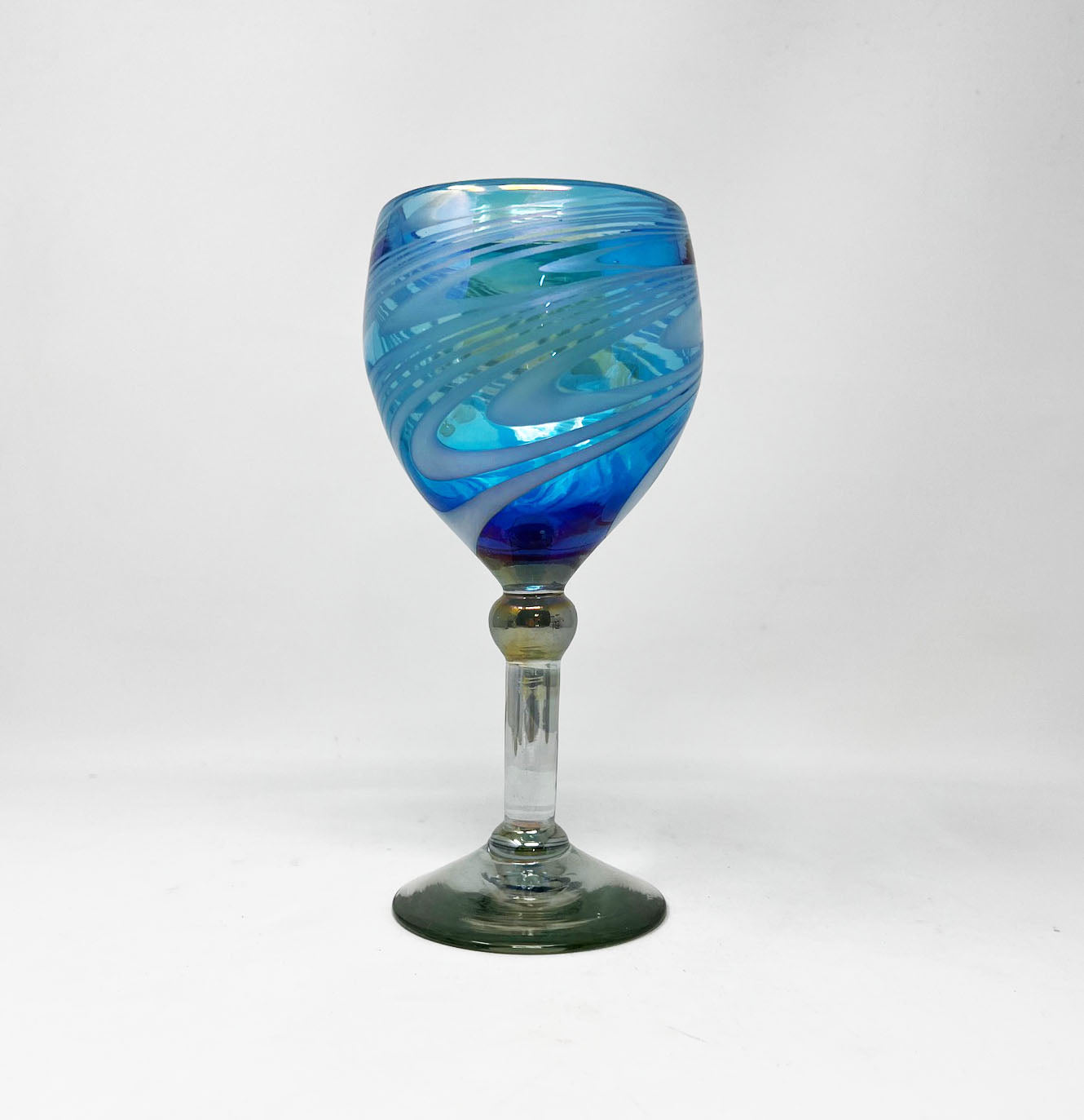 Hand Blown Wine Glass - Turquoise / White Iridescent Swirl