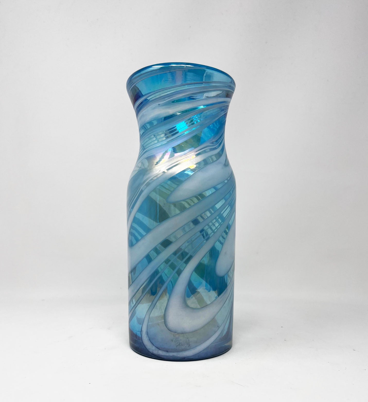 30 oz Hand Blown Glass Luc Pitcher / Vase -  Turquoise White Swirl Iridescent