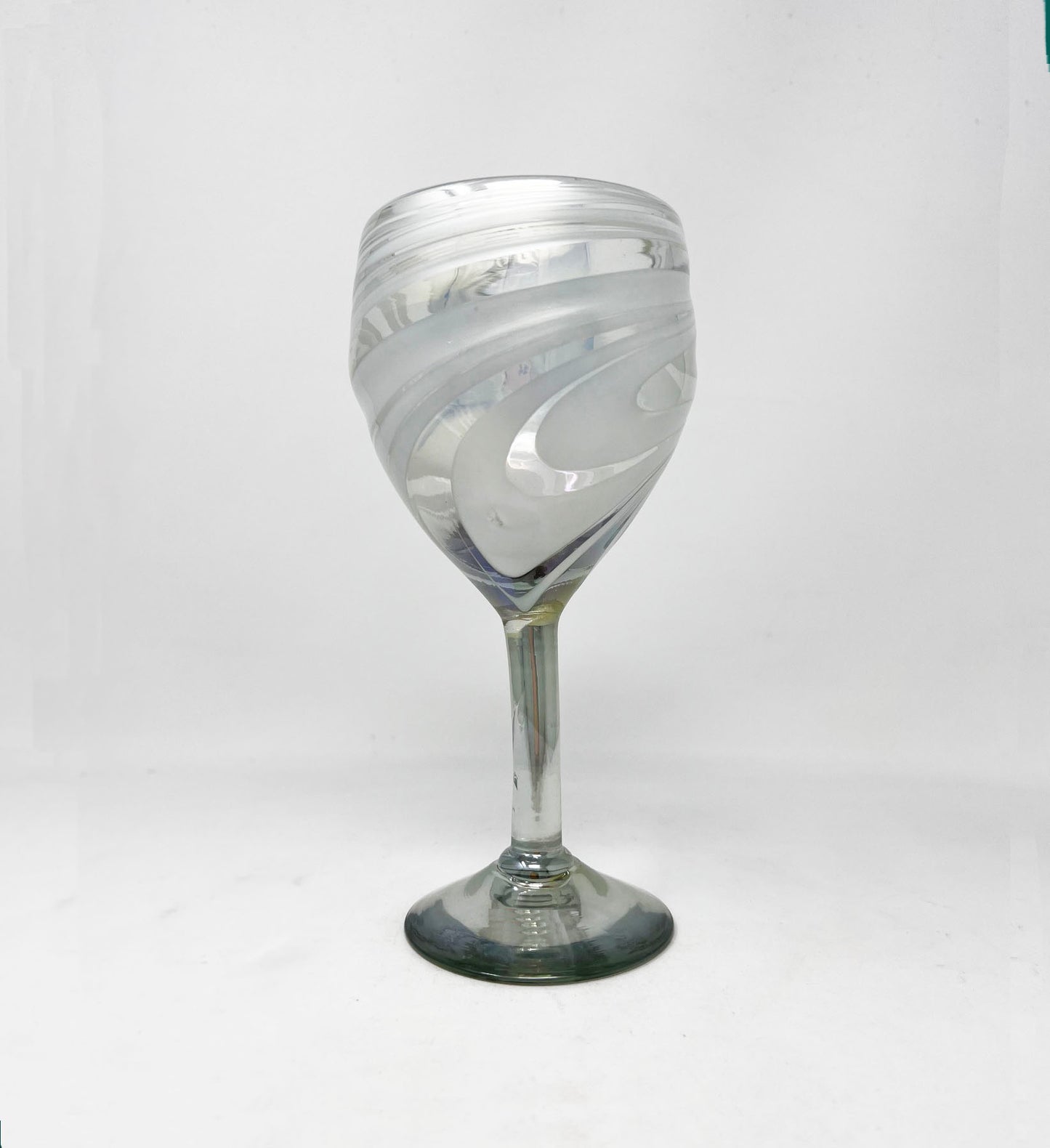 Hand Blown Wine Glass - White Iridescent Swirl