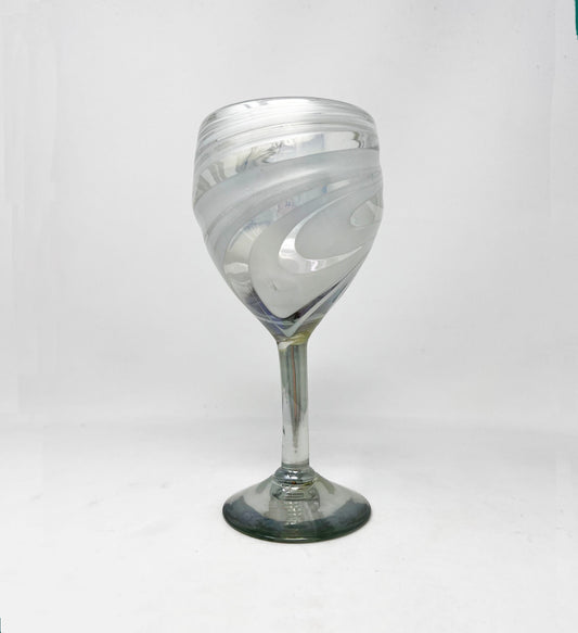 Hand Blown Wine Glass - White Iridescent Swirl