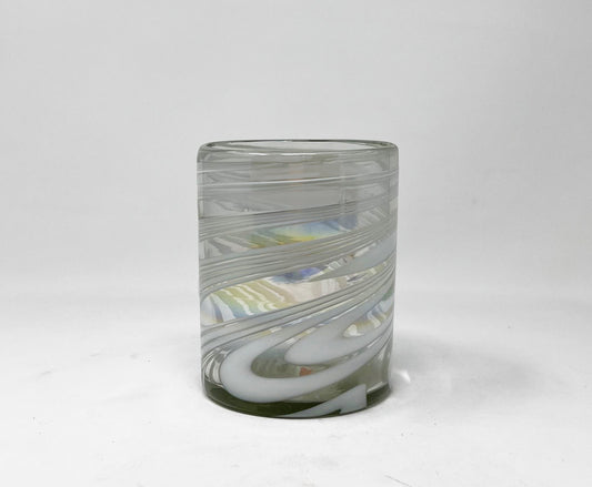 Hand Blown Low Ball Tumbler Glass - White Iridescent Swirl