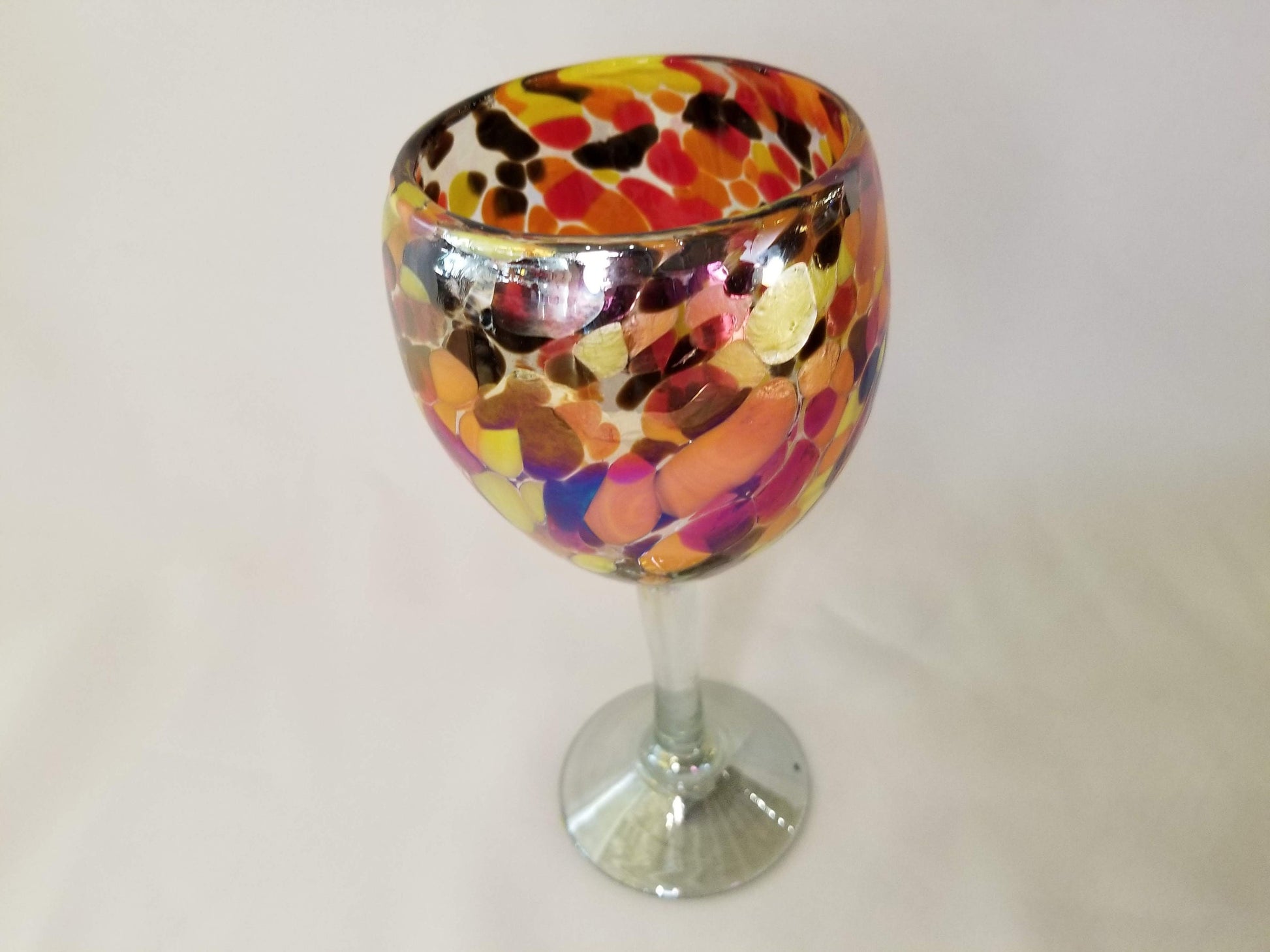 1 Hand Blown Wine Glass - Red/Orange Iridescent Confetti - Blue Dorado Designs