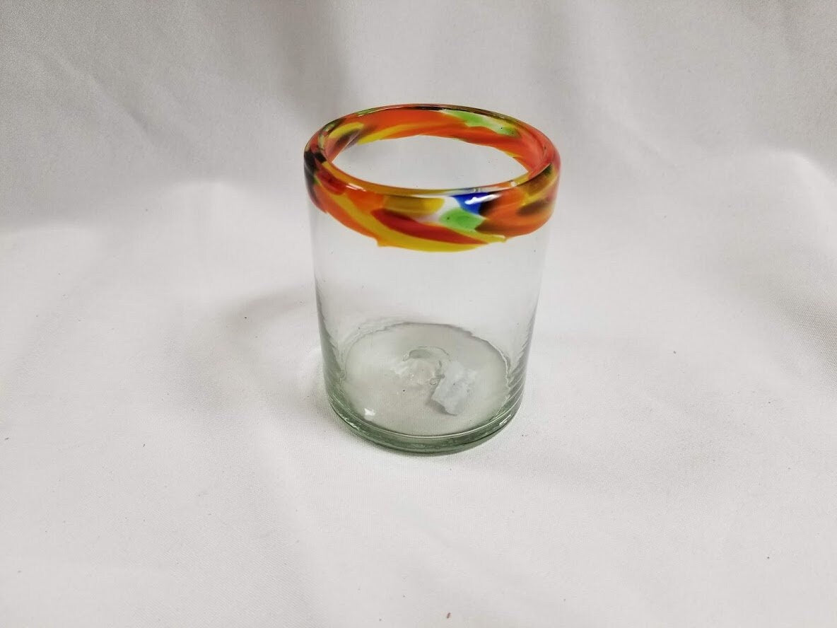 Hand Blown Low Ball Tumbler Glass - Confetti Rim