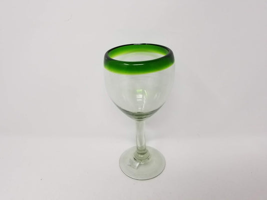 Hand Blown Wine Glass - Green Rim