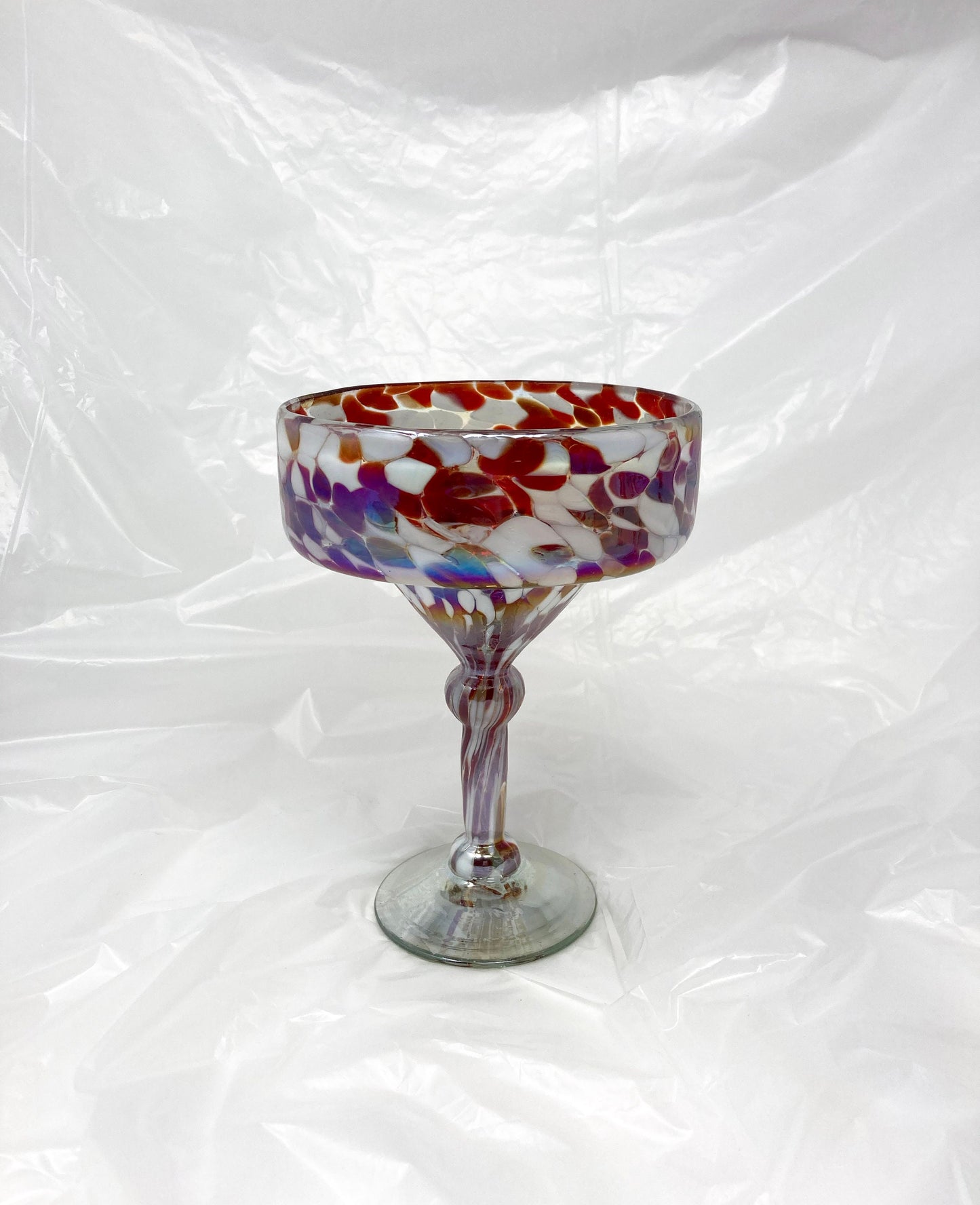Hand Blown Margarita Glass - Red/White Iridescent Confetti