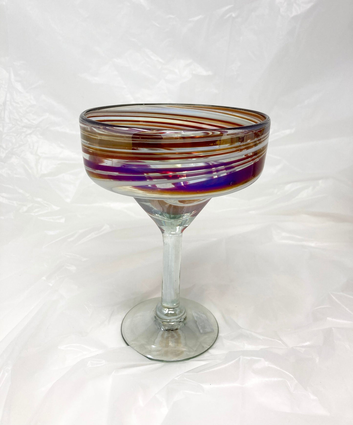Hand Blown Margarita Glass - Red/White Iridescent Swirl