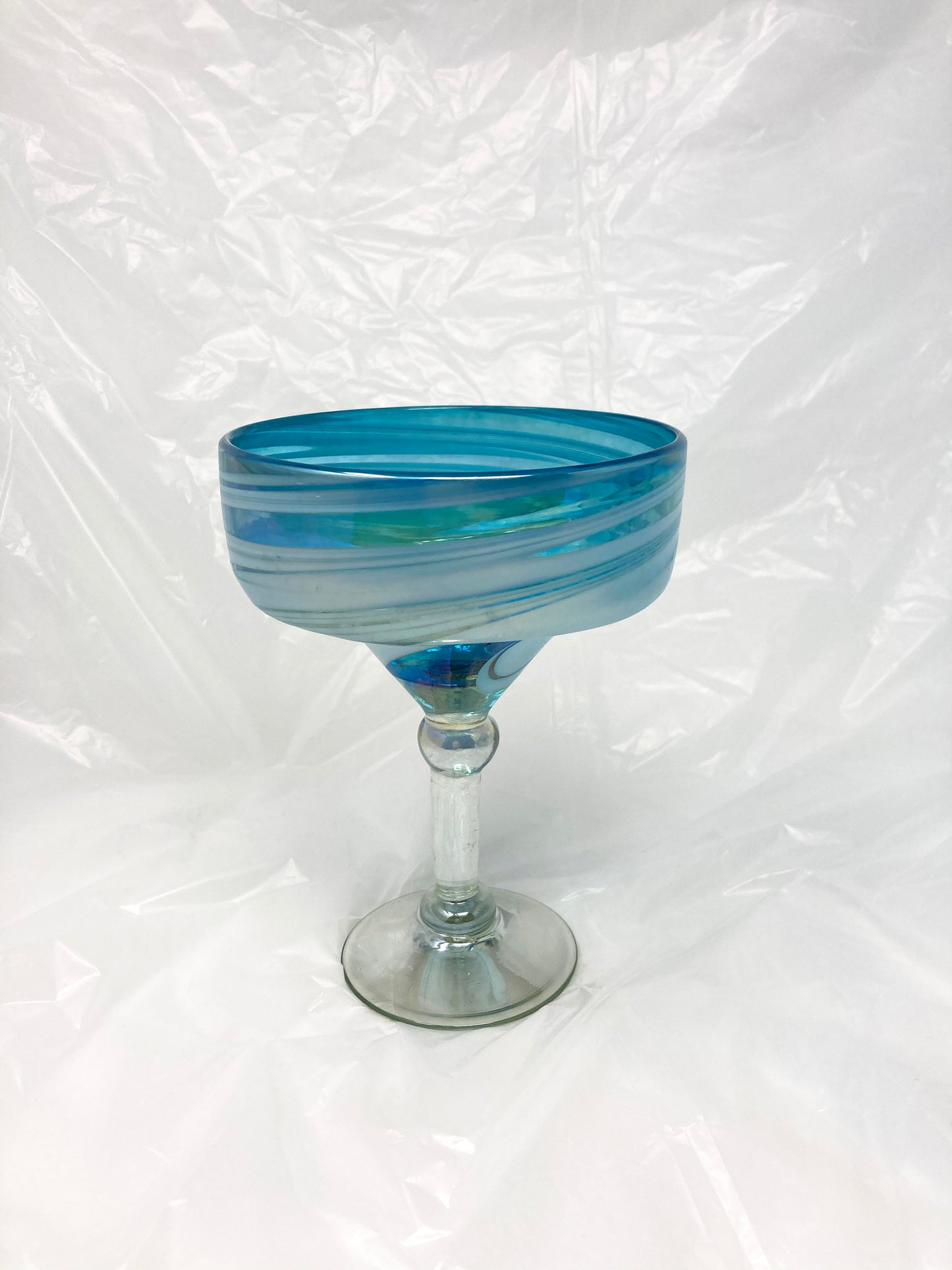 Hand Blown Margarita Glass - Turquoise/White Swirl Iridescent