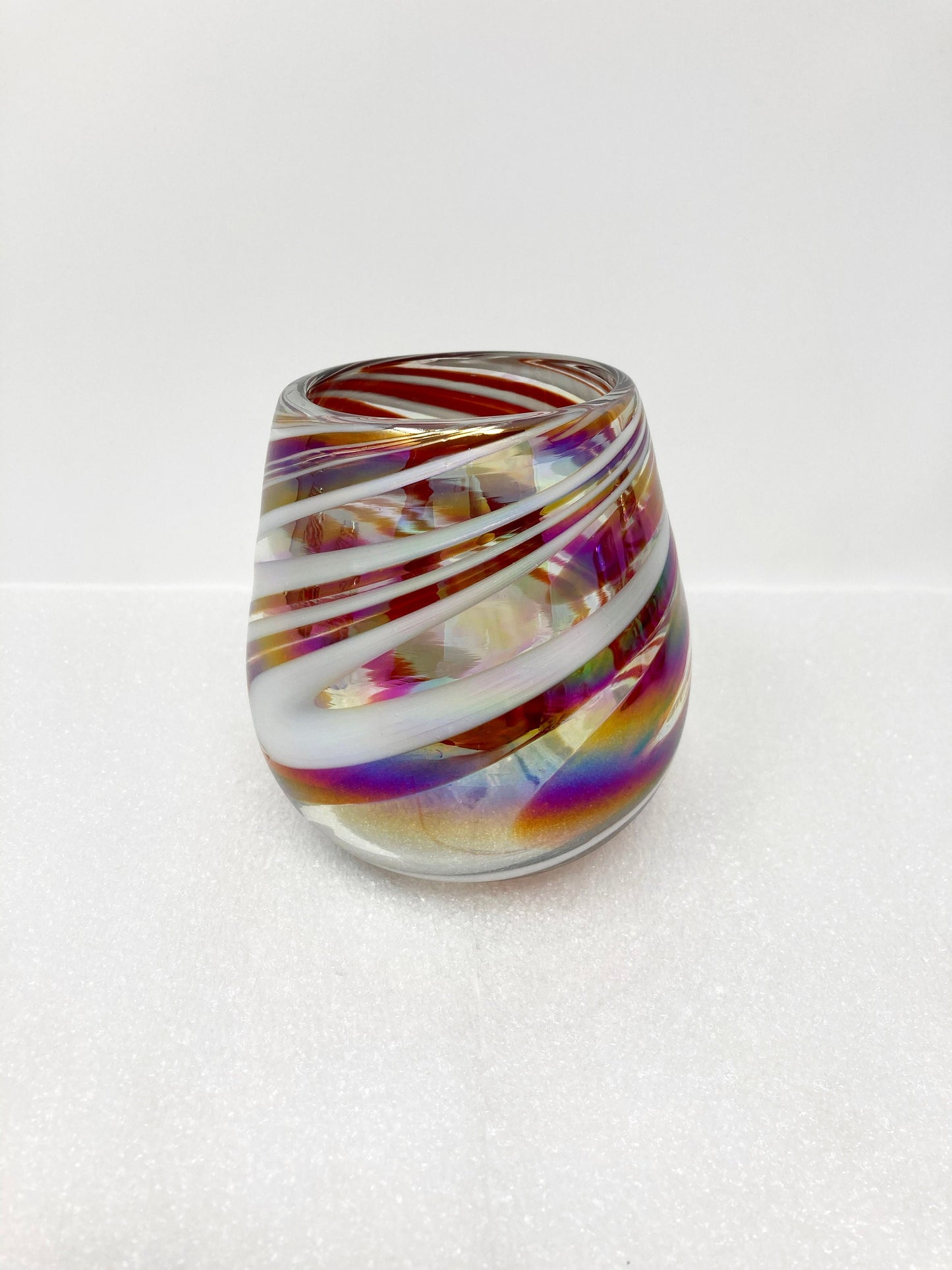 Stemless Wine Glass - Red/White Iridescent Swirl