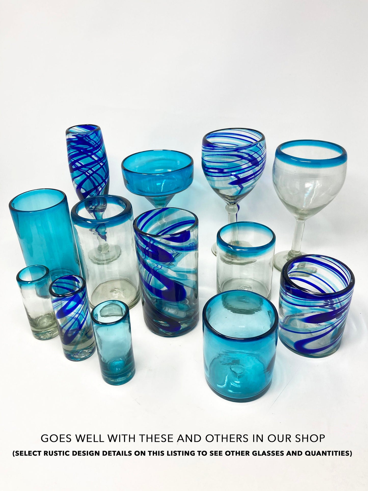 Six Blue Swirl Hand Blown 11 oz High Ball Glasses - Sapphire Swirl