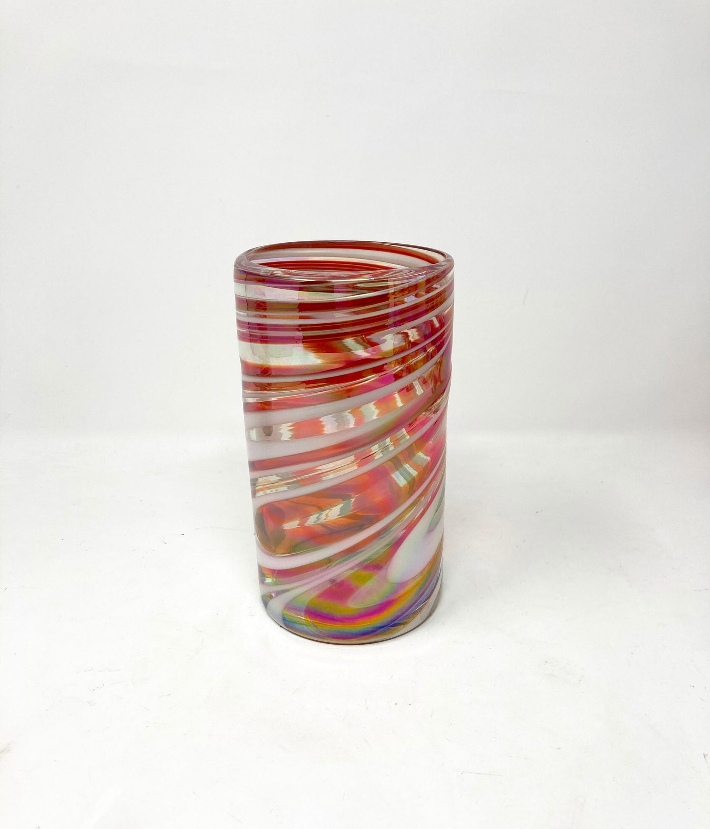 Hand Blown Water Glass - Red/White Iridescent Swirl