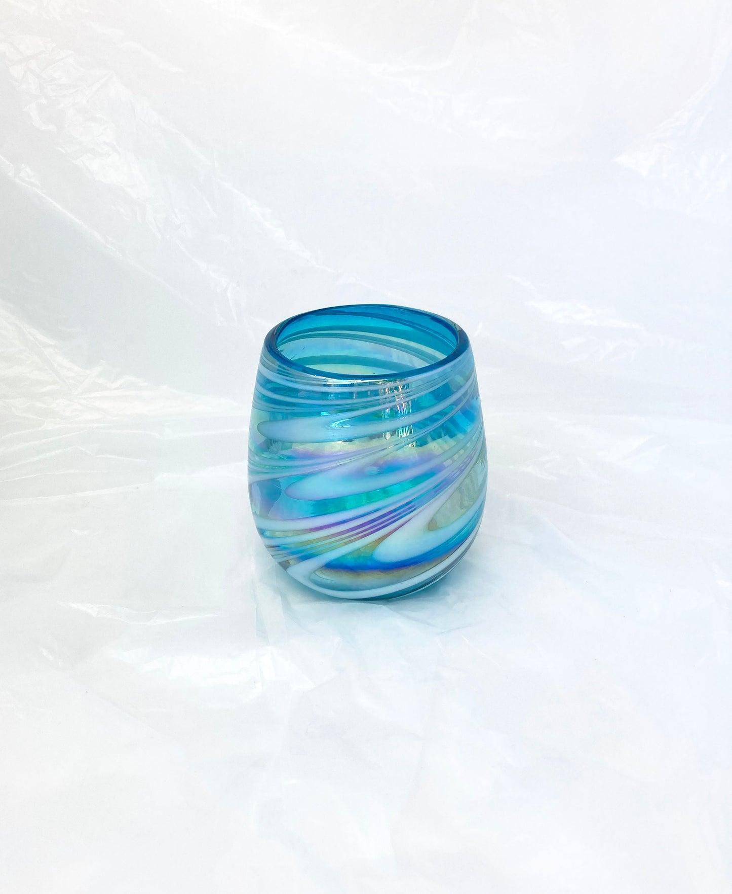 1 Stemless Wine Glass - Turquoise/White Swirl - Blue Dorado Designs