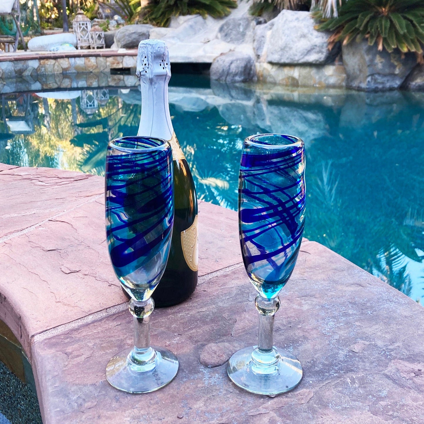1 Hand Blown Champagne Glass - Turquoise/Blue Swirl - Blue Dorado Designs