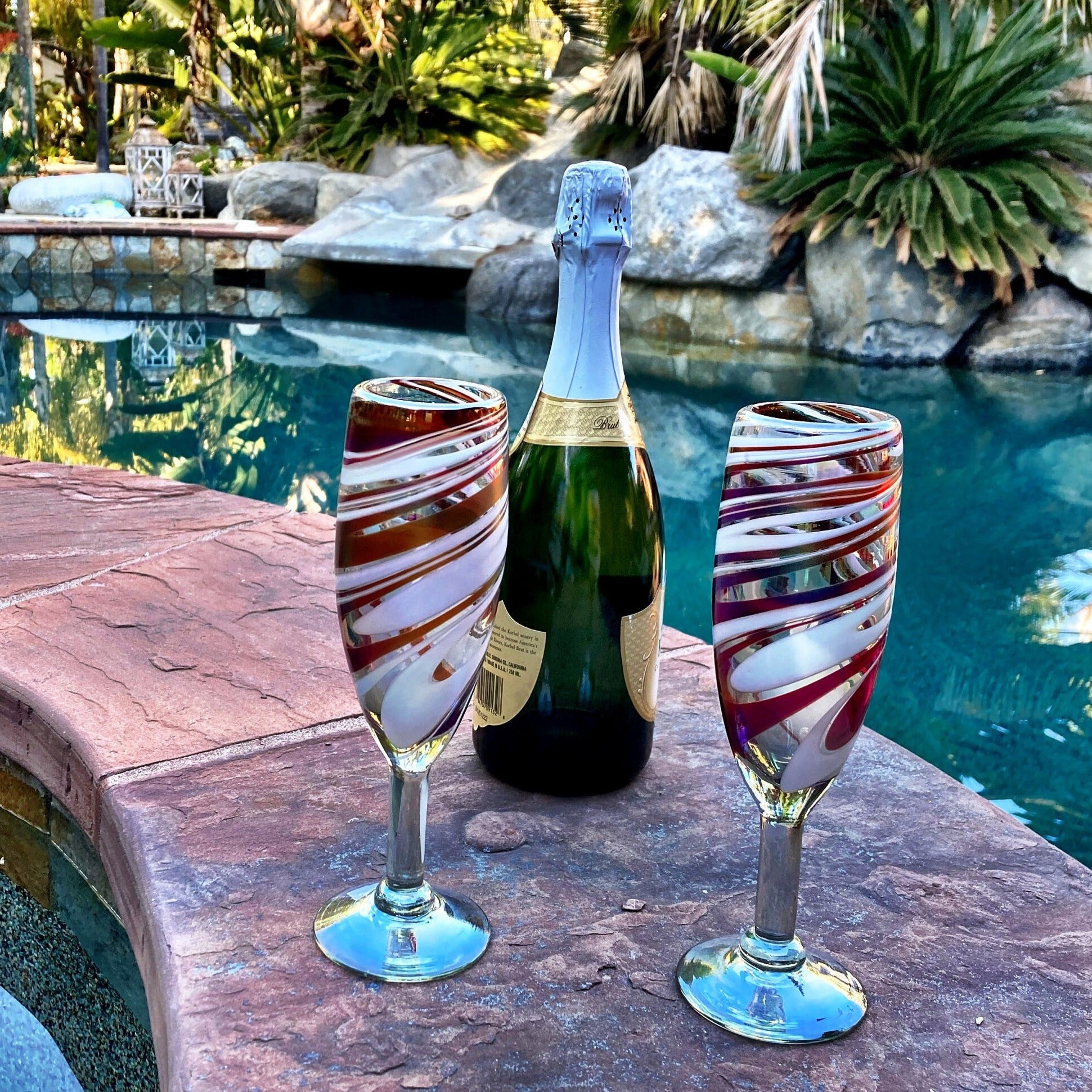 1 Hand Blown Champagne Glass - Red/White Iridescent Swirl - Blue Dorado Designs