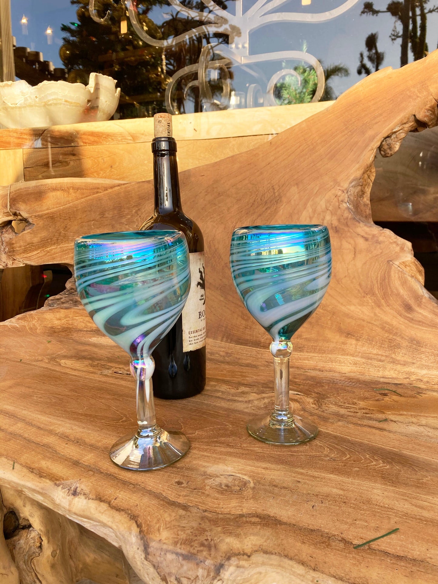 1 Hand Blown Wine Glass - Turquoise/White Iridescent Swirl - Blue Dorado Designs