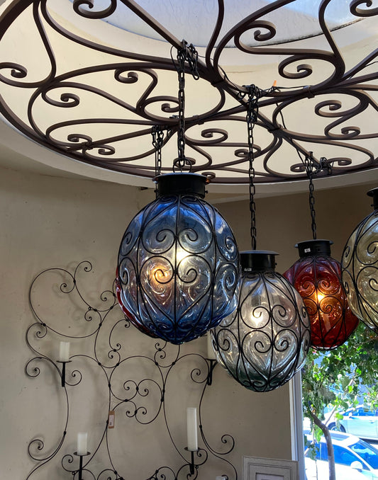 Hand Blown Oval Glass and Iron Light Pendant - 16x12" - various colors.
