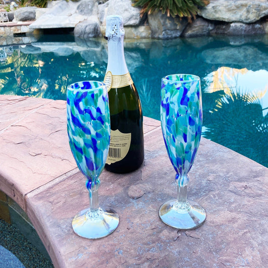1 Hand Blown Champagne Glass - Aegean Blue Iridescent - Blue Dorado Designs