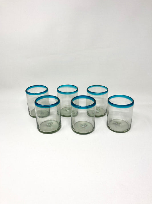 6 Hand Blown Low Ball Tumbler Glasses - Turquoise Rim
