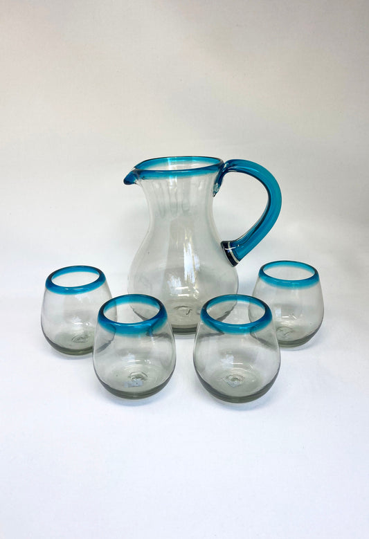 80 oz Hand Blown Glass Pitcher - HG Turquoise Rim - Blue Dorado Designs