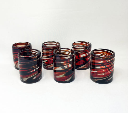 6 Hand Blown Low Ball Tumbler Glasses - Red/Chocolate Swirl
