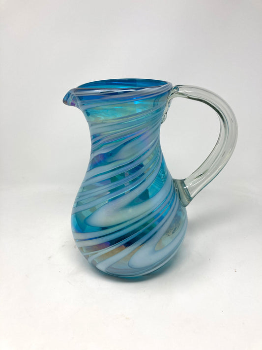80 oz Hand Blown Glass Pitcher - Turquoise and White Swirl - Blue Dorado Designs