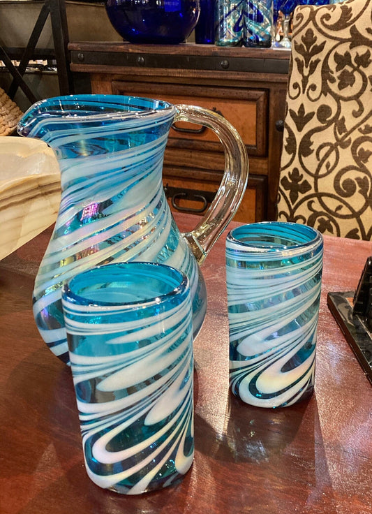 80 oz Hand Blown Glass Pitcher - Turquoise and White Swirl - Blue Dorado Designs