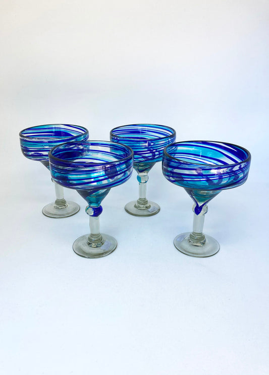 Hand Blown Margarita Glass XL set of 4 - Turquoise/Blue Swirl