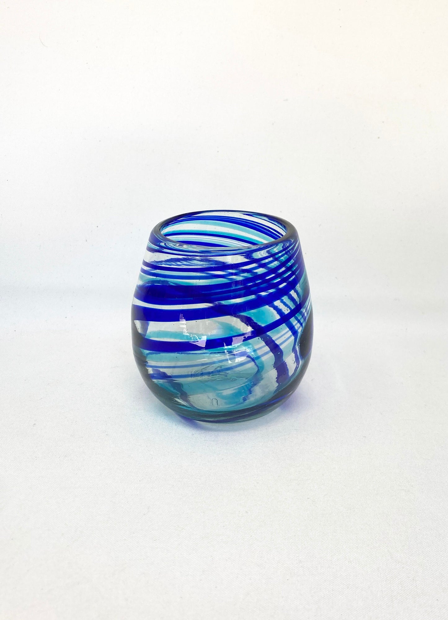 Hand Blown Stemless Wine Glass - Turquoise/Blue Swirl