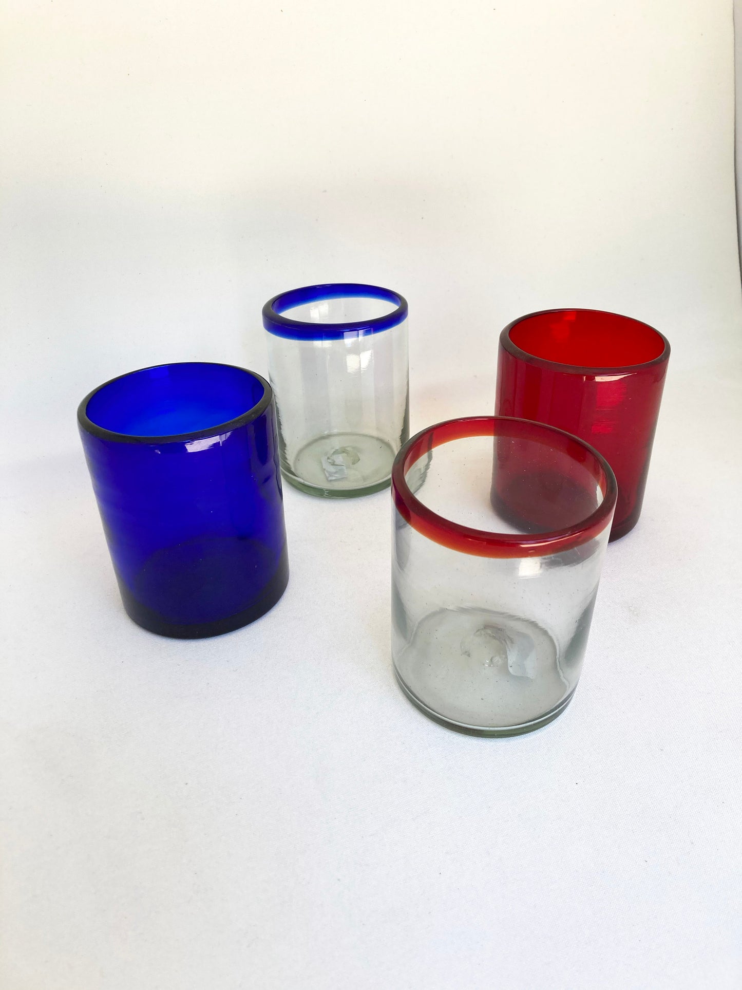4 Hand Blown Low Ball Tumbler Glasses -  Red, Blue and You Collection