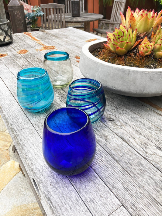 4 Hand Blown Stemless Wine Glasses -  Blue Swirls Collection