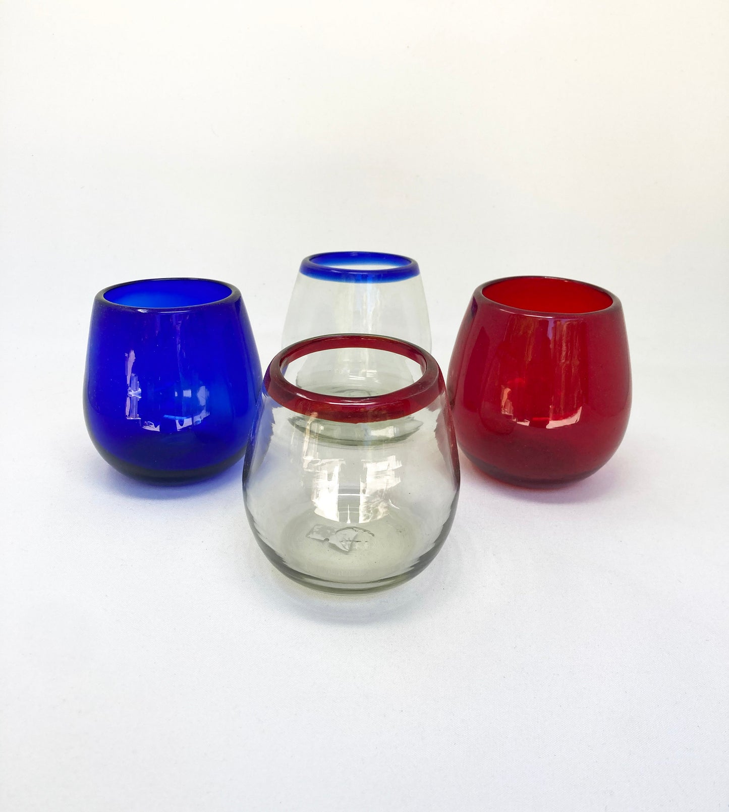 4 Handblown Stemless Wine Glasses -  Red, Blue and You Collection