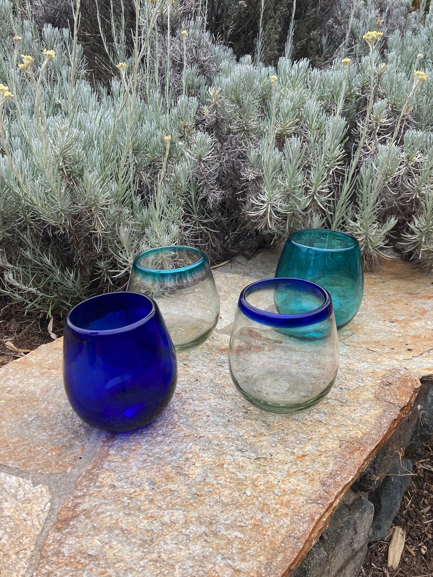 4 Hand Blown Stemless Wine Glasses -  Blues Collection - Blue Dorado Designs