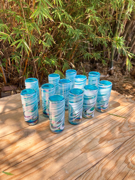12 Hand Blown Shot Glasses - Turquoise/White Swirl