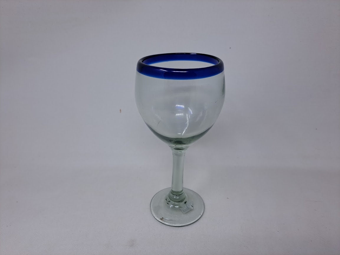 1 Hand Blown Wine Glass - Cobalt Blue Rim - Blue Dorado Designs