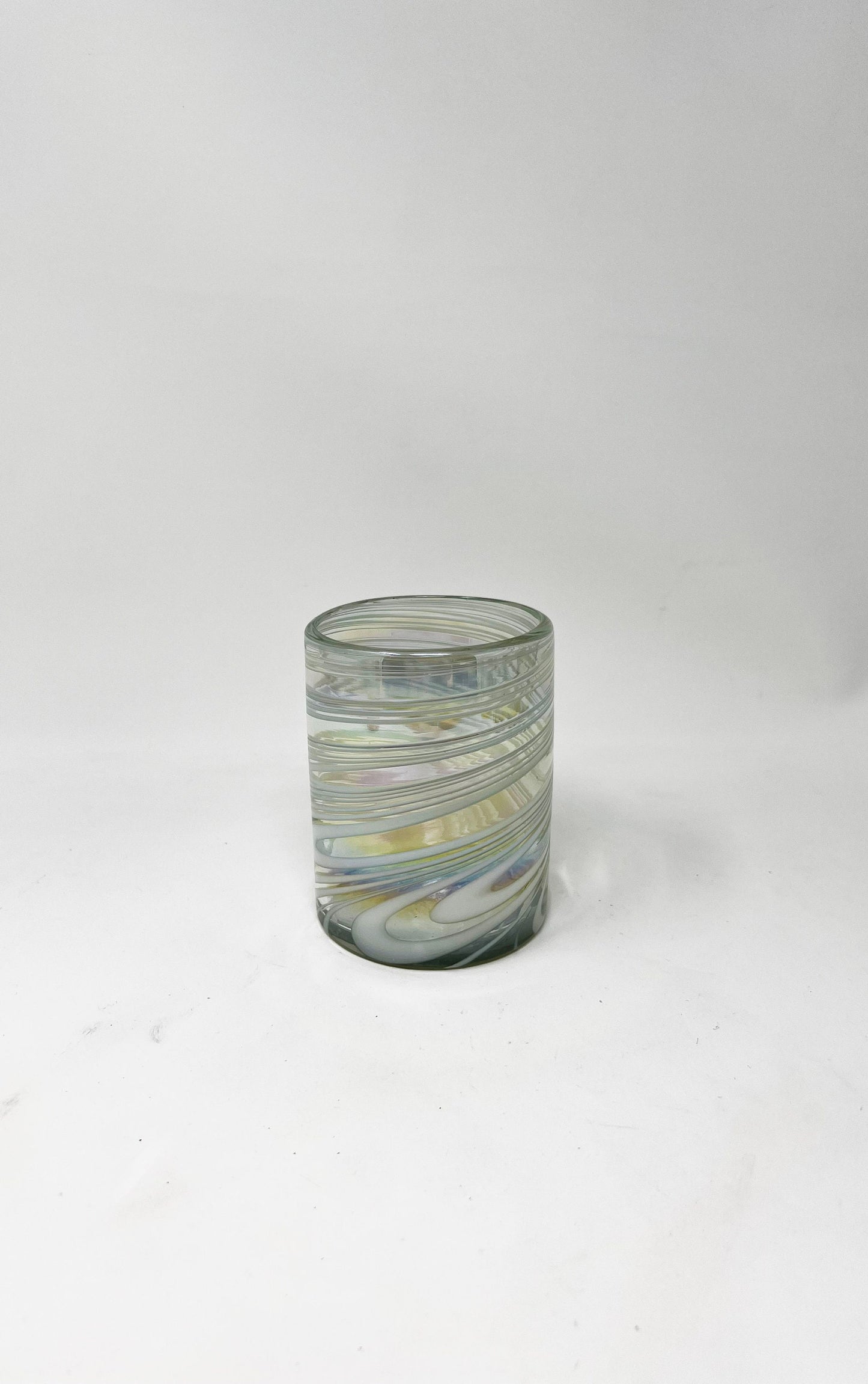 Hand Blown Low Ball Tumbler Glass - White Iridescent Swirl