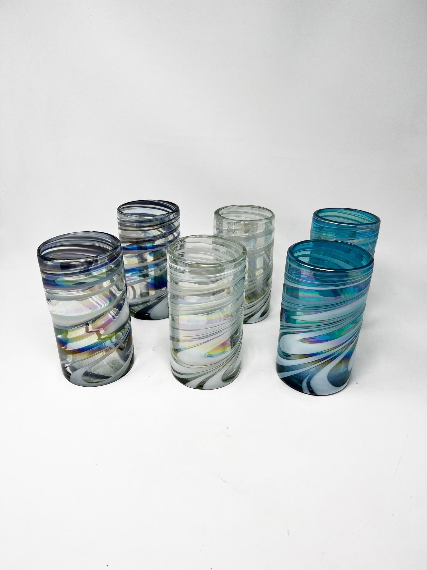 6 Hand Blown Water Glasses - The Snow Cone Collection (Iridescent)