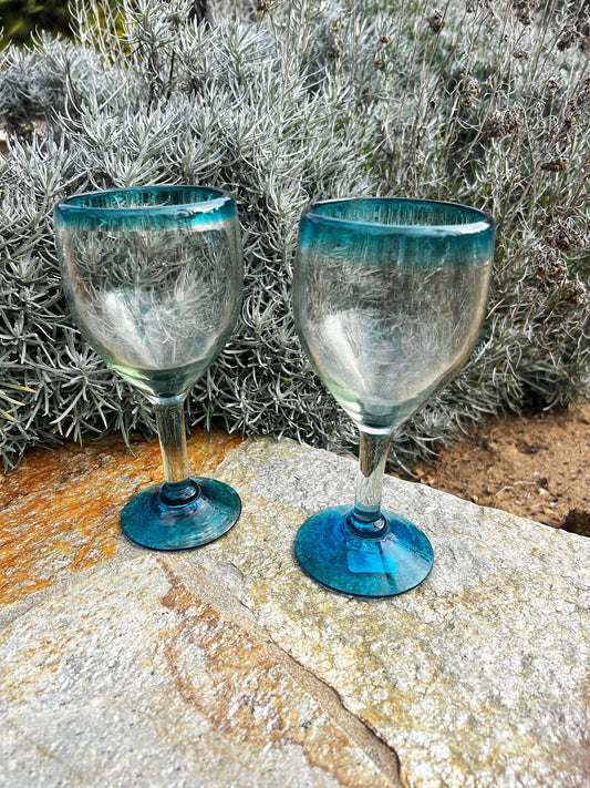 Hand Blown Wine Glass - Turquoise Rim/Base