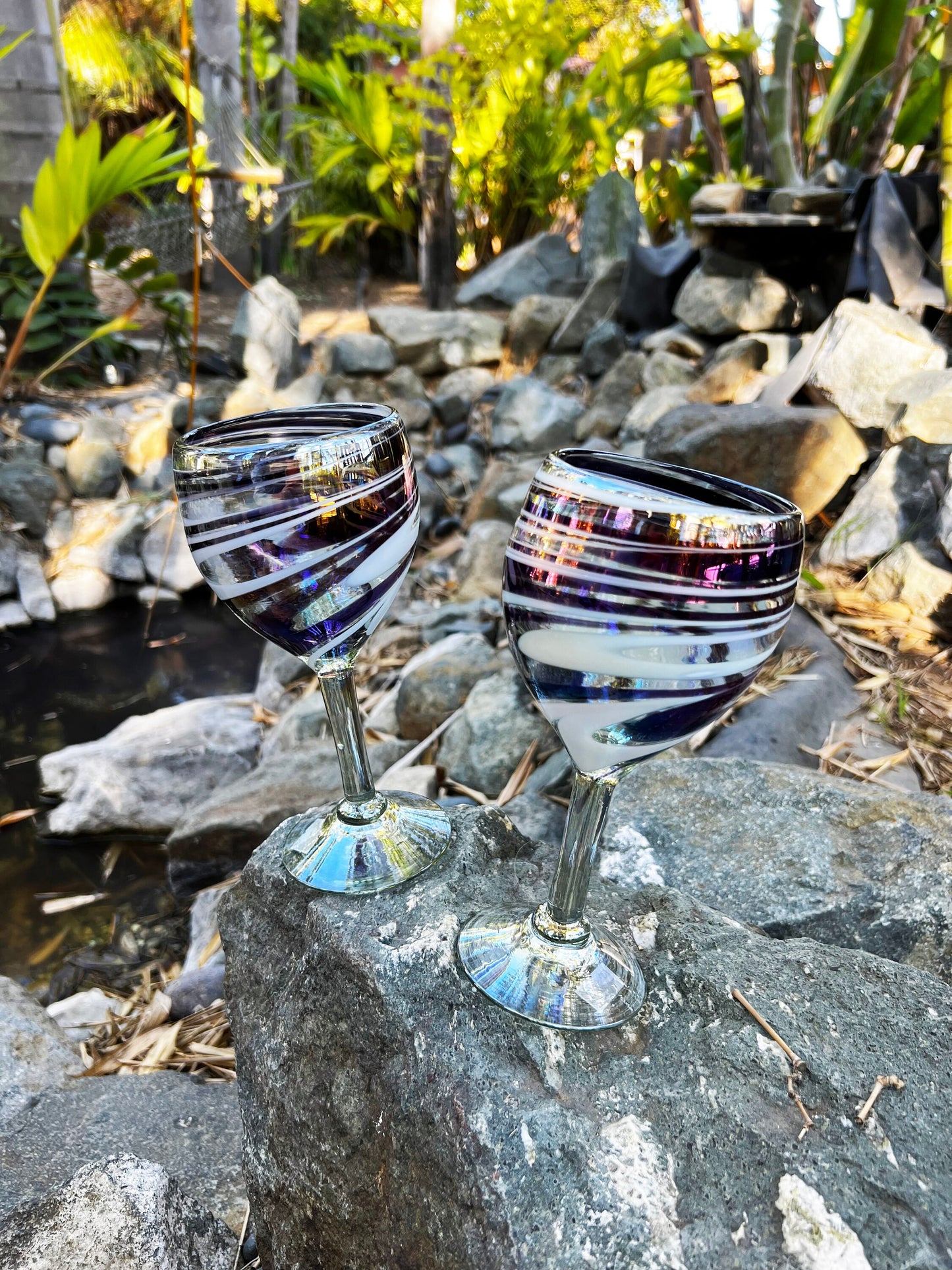 Designer Handblown Crystal Wine Glasses, Unique Iridescent Design