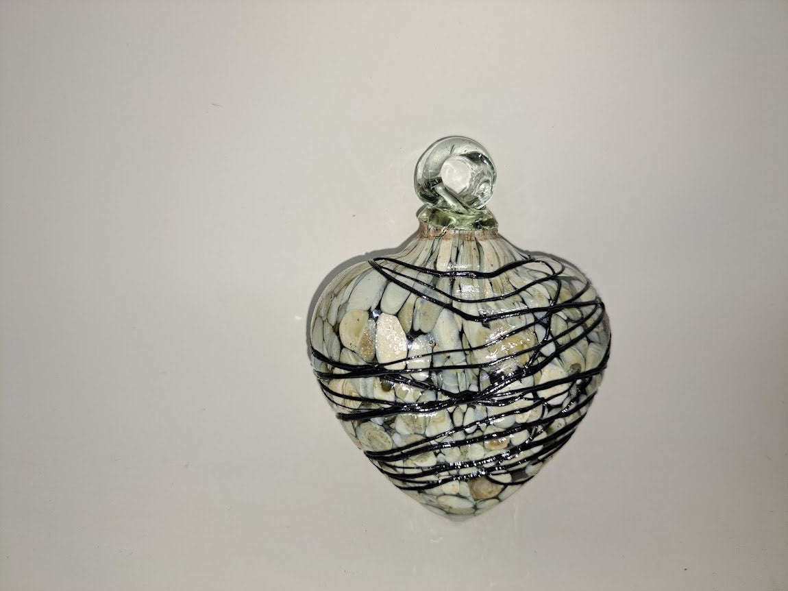 Hand Blown Glass Heart - 2.5" -  White/Tan with Chocolate Web