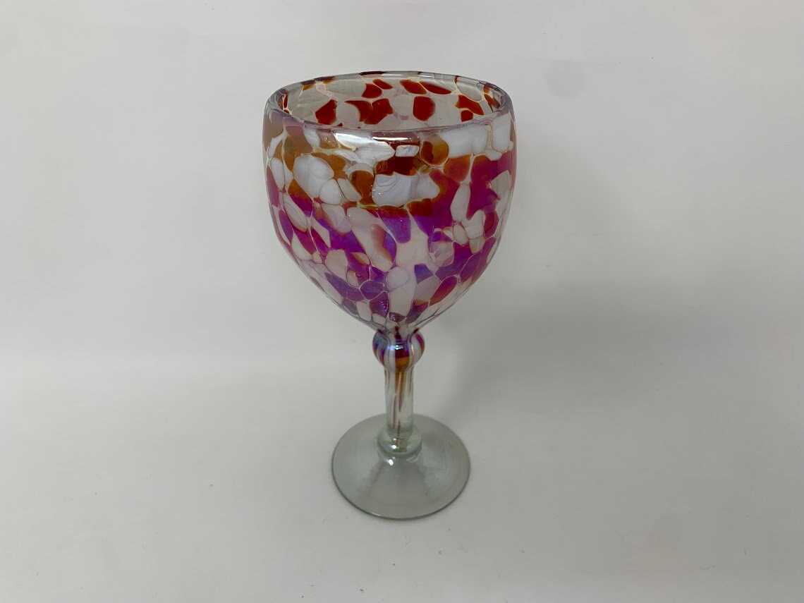 1 Hand Blown Wine Glass - Red/White Iridescent Confetti - Blue Dorado Designs